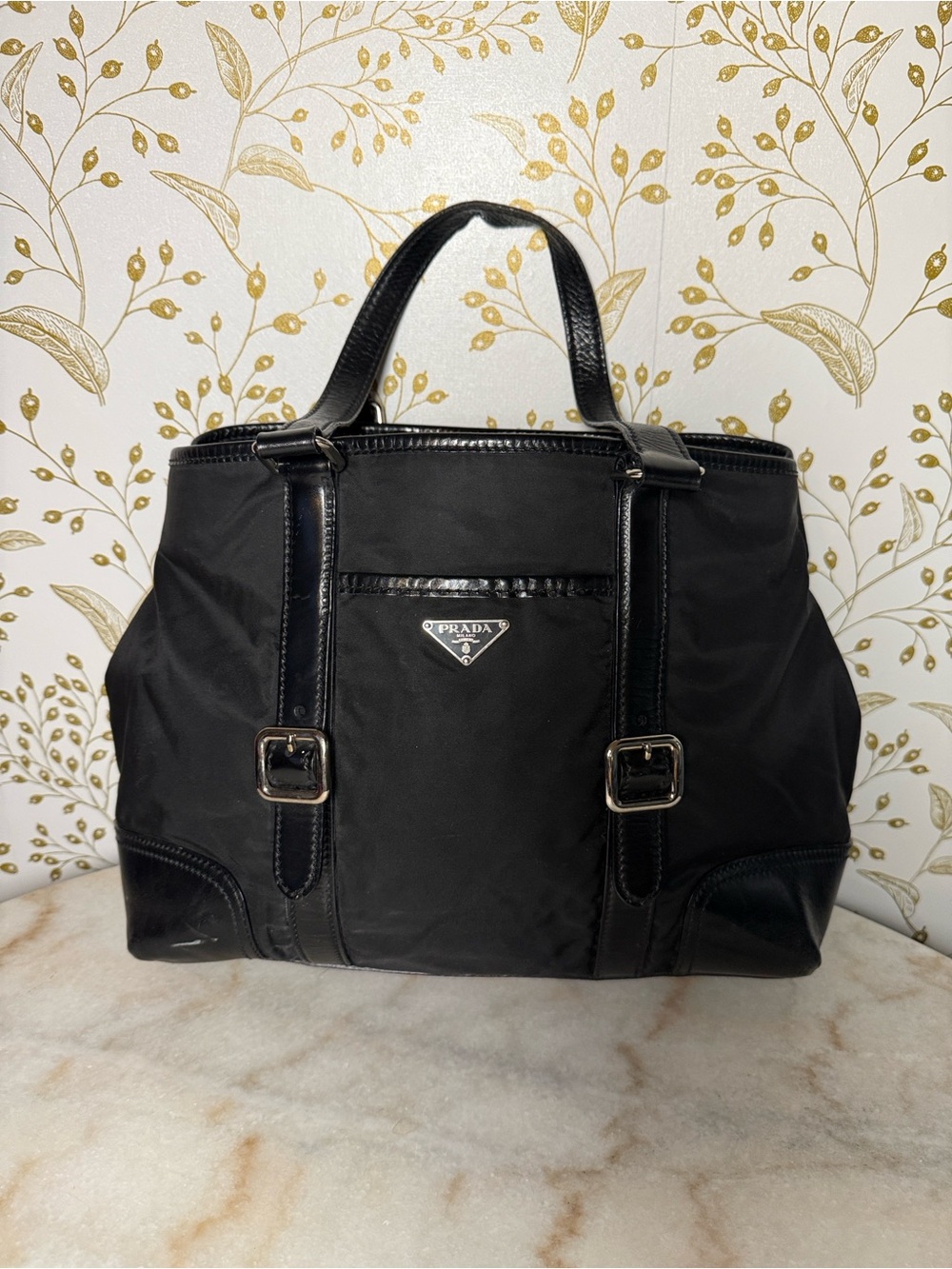 Prada Black Nylon & Leather Strap Tote